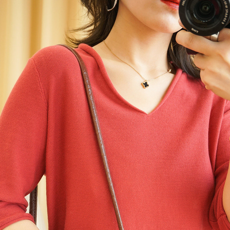 20 spring autumn new pure cotton T-shirt short sleeve woman loose 100 hitch-knitted sweatshirt V collar cover head half sleeve short casual inner lap