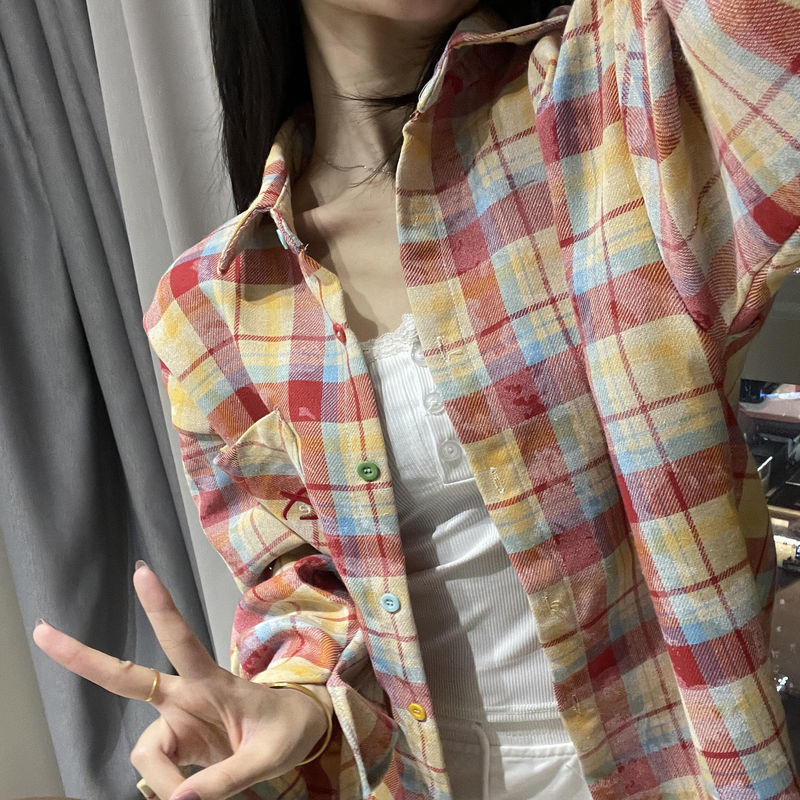 Dopamine Style Rainbow Plaid Long-Sleeve Shirt for Women, New Spring Versatile Lazy Style Sun-Protective High-End Top