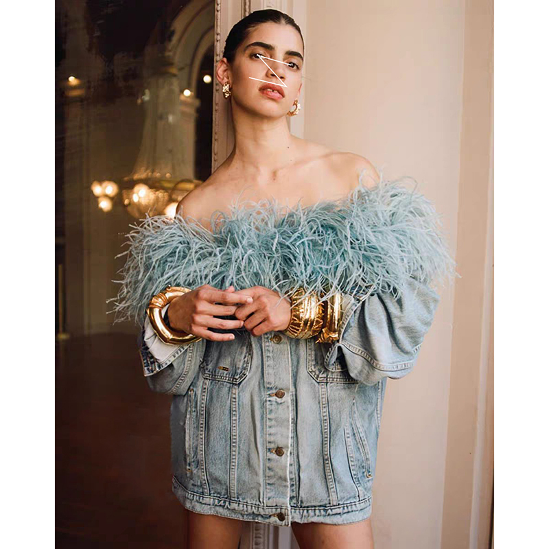 Socialite Light Luxury Fluffy Feather Off-Shoulder Loose Long-Sleeve Jacket Trendy Slim Casual Denim Coat for Spring
