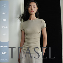 TEASEL Just the Right Time Lyocell Acetate Super Elastic Thin Pinch-pleated Slim Fit Shoulder Slim Short-Sleeved T-Shirt