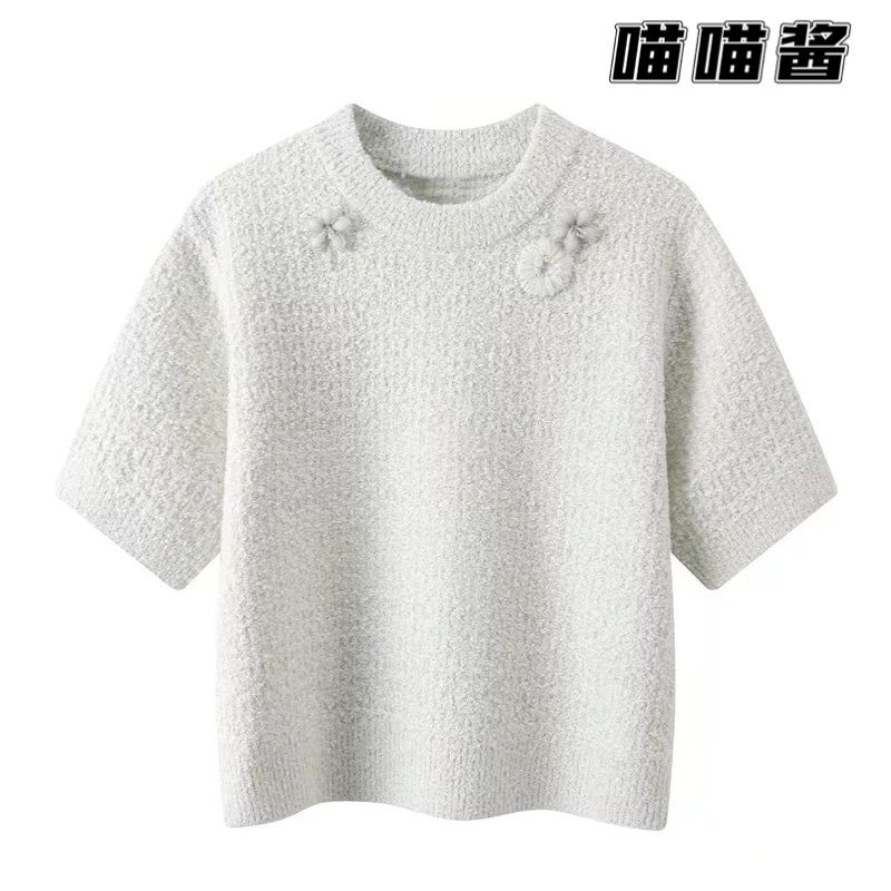 2022 spring and summer new minimalist round neckline Necklace Embroidered short sleeve needle weasel T-shirt woman 3E1E308