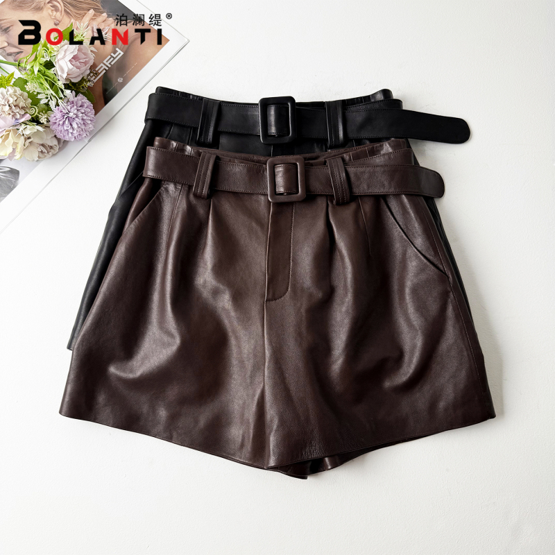 Imported Semi-Vegetable Tanned First-Layer Sheepskin Shorts for Women, High-End Genuine Leather Wide-Leg Pants, Vintage Soft and Slimming Versatile Hot Pants