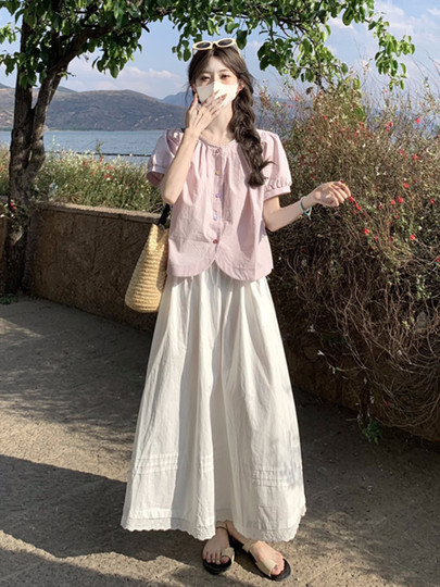 Cotton and linen short-sleeved top for women's summer 2025 new dopamine wear set French unique beautiful doll shirt shirt