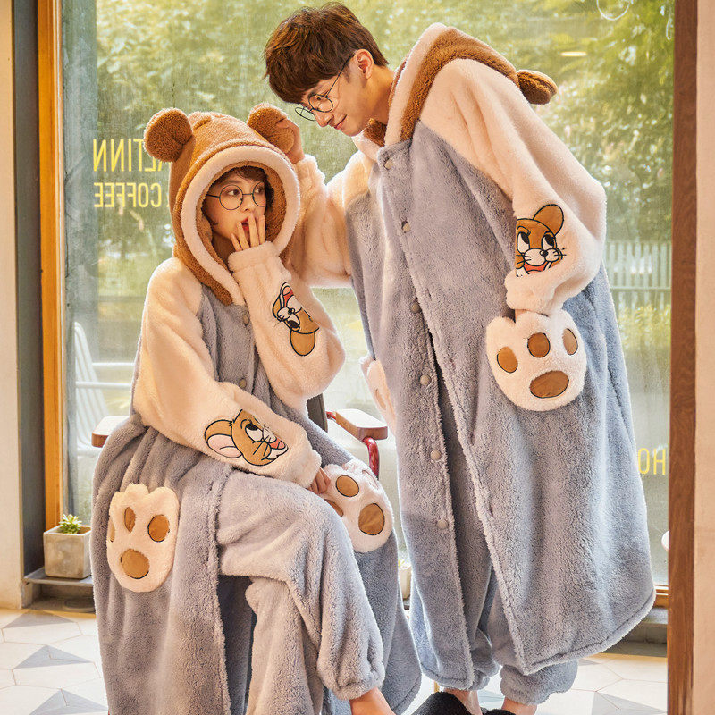 Couple Pajamas Women Autumn and Winter Coral Fleece Men's Thickened Plush Long Nightgown Flannel Warm Bathrobe Set