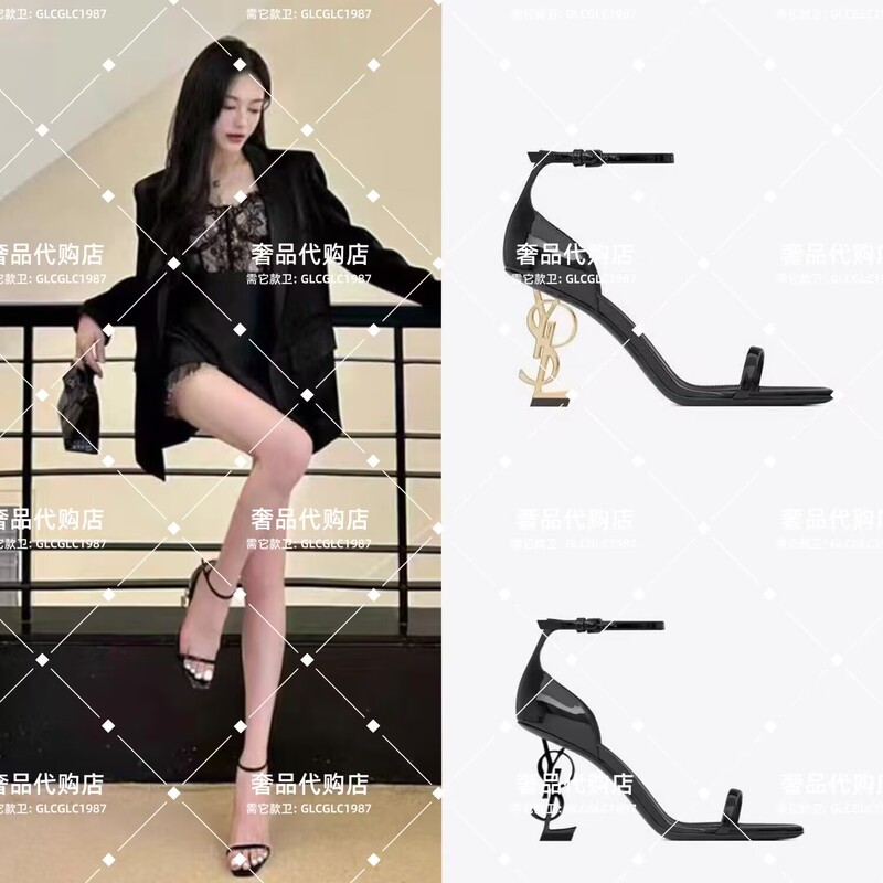 Haute Couture Yang Shulin's New European and American One-Strap Sandals, Black Gold Letter Heels, Patent Leather High Heels
