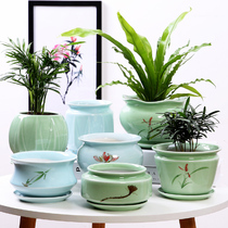 Flower pot ceramic special home large clearance tray plastic green chlorophyte chlorophyte small celadon plant flower pot