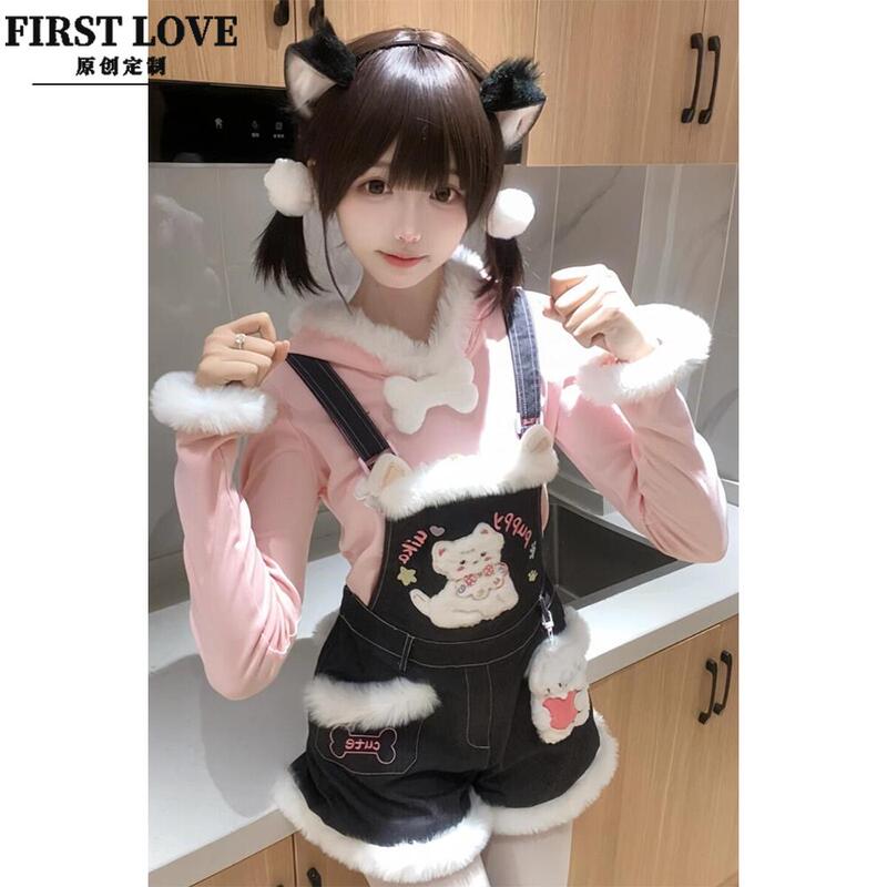 Sweet and Cute Puppy Print Denim Overalls Shorts for Women, Two-Piece Set with Plush Pink Hooded Top