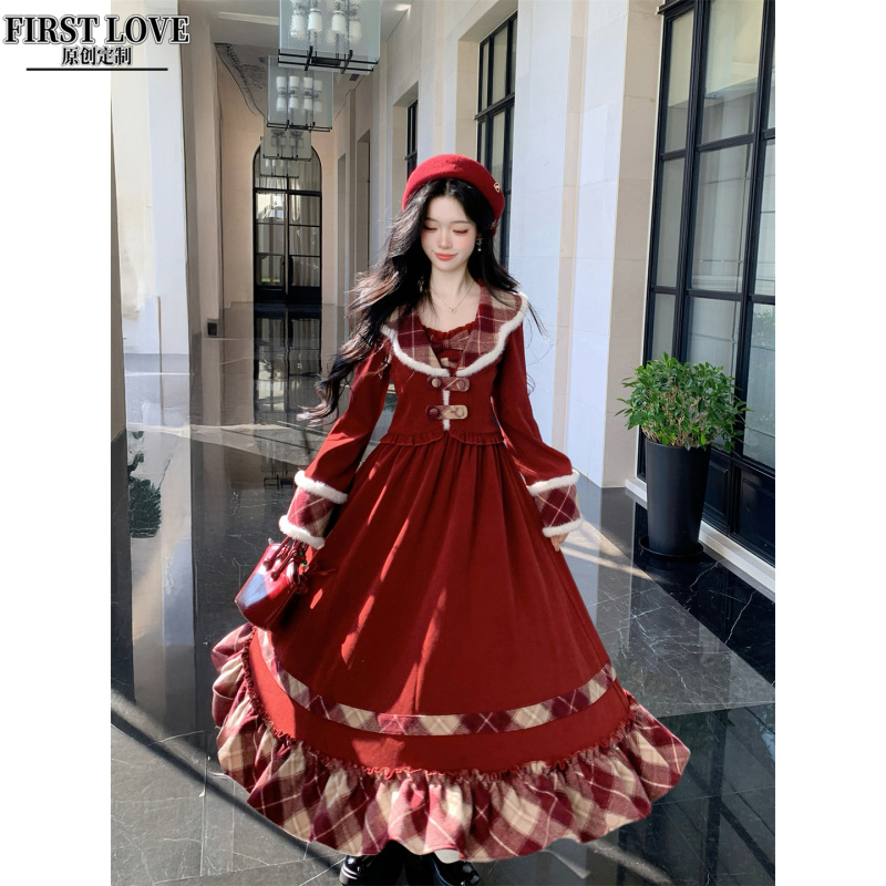 Christmas Carol Wine Red Plaid Patchwork Flared Strap Dress with Heavy-Duty Design Coat, New Year Atmosphere Outfit Set Christmas Carol Wine Red Plaid Patchwork Flared Strap Dress with Heavy-Duty Design Coat, New Year Atmosphere Outfit Set