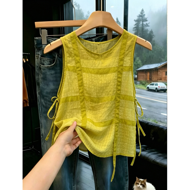 Fashionable and Eye-Catching Yellow Round-Neck Tie-Up Sleeveless Vest Shirt for Women, Summer Style, French Light Luxury, Versatile Commuter Shirt Fashionable and Eye-Catching Yellow Round-Neck Tie-Up Sleeveless Vest Shirt for Women, Summer Style, French Light Luxury, Versatile Commuter Shirt