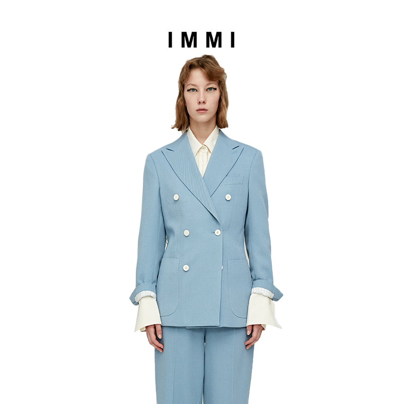 (designer brand IMMI) Wang Yuan can be the same with foggy blue and blue twill double-row buttoned suit 192JK038X