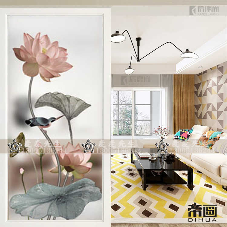 Eurostyle Minimalist Art Glass Xuanguan Background Wall Modern Living Room Door Partition Screen Transparent Frosted Lotus Flowers