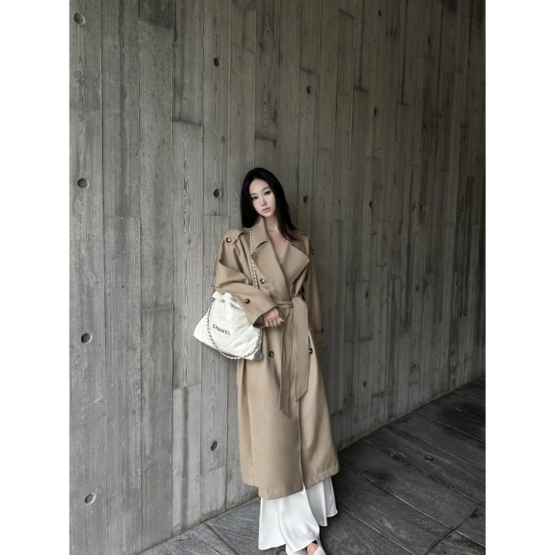 5Werkwen Scepter-Style Trench Coat, Double-Breasted Coat for Women, Spring and Summer Mid-Length, Elegant Lapel Tie-Up Spring and Autumn Coat