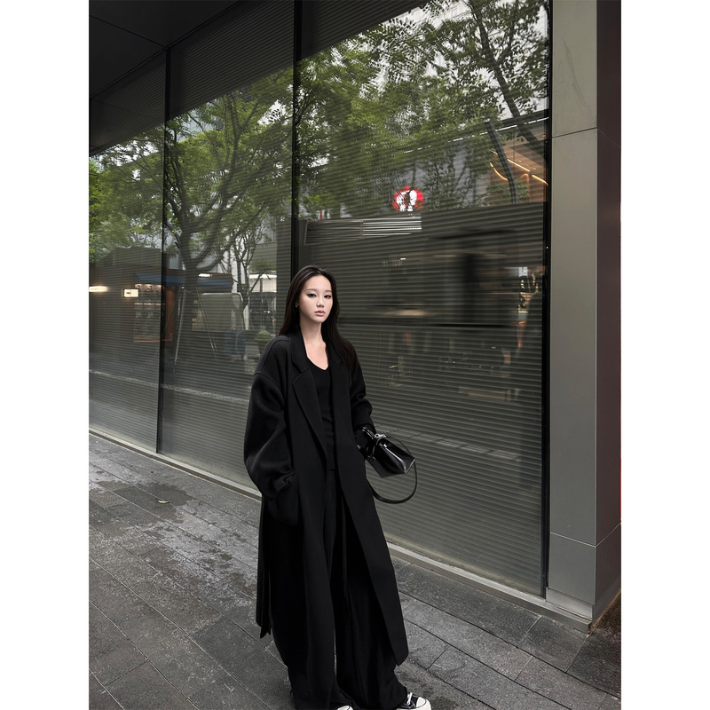 5Werkwen Factory Upgraded Fabric 100% Pure Wool Black Mid-Length Double-Sided Woolen Autumn and Winter Coat