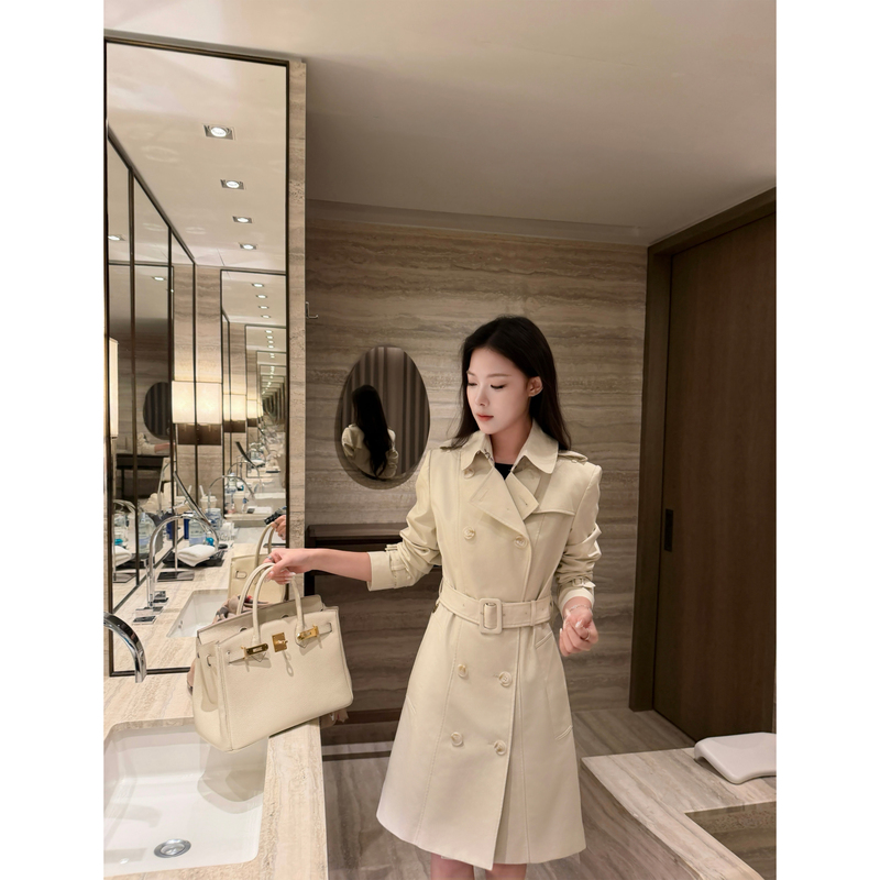 5Werkwen Bbr Kensington Trench Coat, Vintage Style, Regular Shoulder, Waist-Cinching, Double-Breasted, Classic Mid-Length Trench Coat