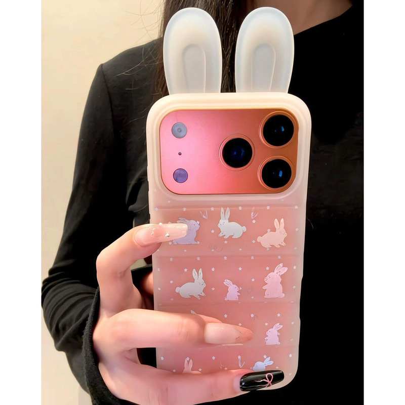 Ins Creative Colorful Bunny 3D Ear down Jacket Style Phone Case for iPhone 17 Pro Max, 16Pm Girly Style, 15 Pro Niche New Model, Apple 14/13 Pro Soft Case, 12 Protective Cover