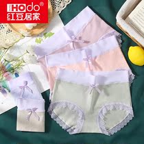 Red Bean Home Lady Pure Cotton Middle Waisted Underwear Big Code Lace Side No Mark Comfort And Breathable Triangle Pants Young Girl