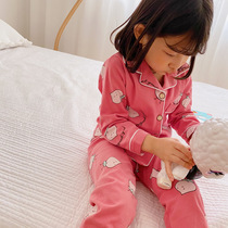 Red Bean Home Children Pure Cotton Cardiovert Pajamas Boy Woman Baby Cartoon Pyjamas Pants Long Sleeve Turtlenecks Full Cotton Home Clothes