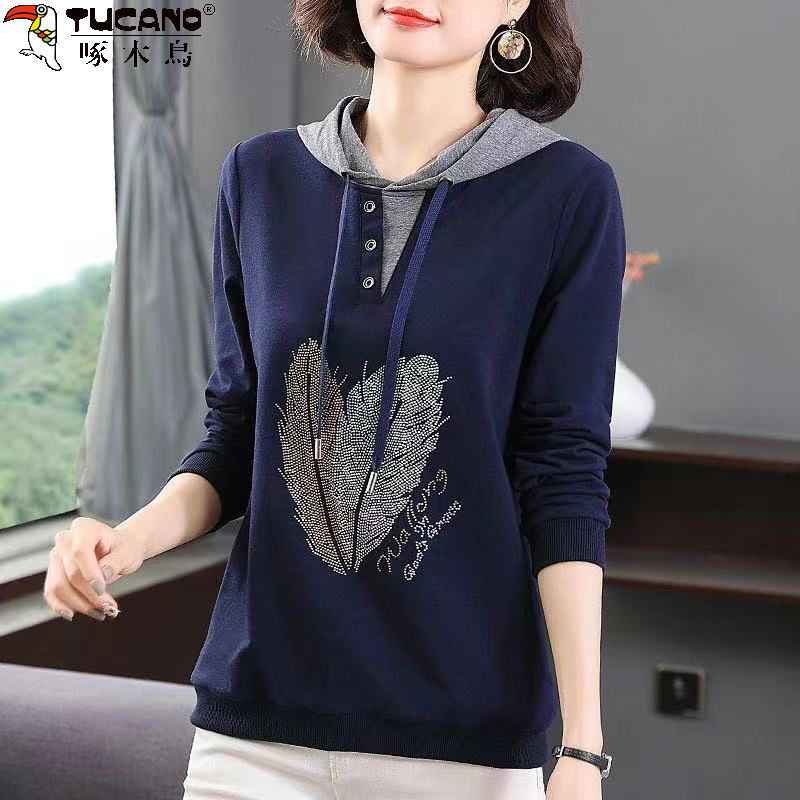Woodpecker Genuine Pure Cotton Hooded Thin Sweatshirt for Women, New Autumn Style, Large Size, Loose Fit, Slimming, Mom's Top Woodpecker Genuine Pure Cotton Hooded Thin Sweatshirt for Women, New Autumn Style, Large Size, Loose Fit, Slimming, Mom's Top