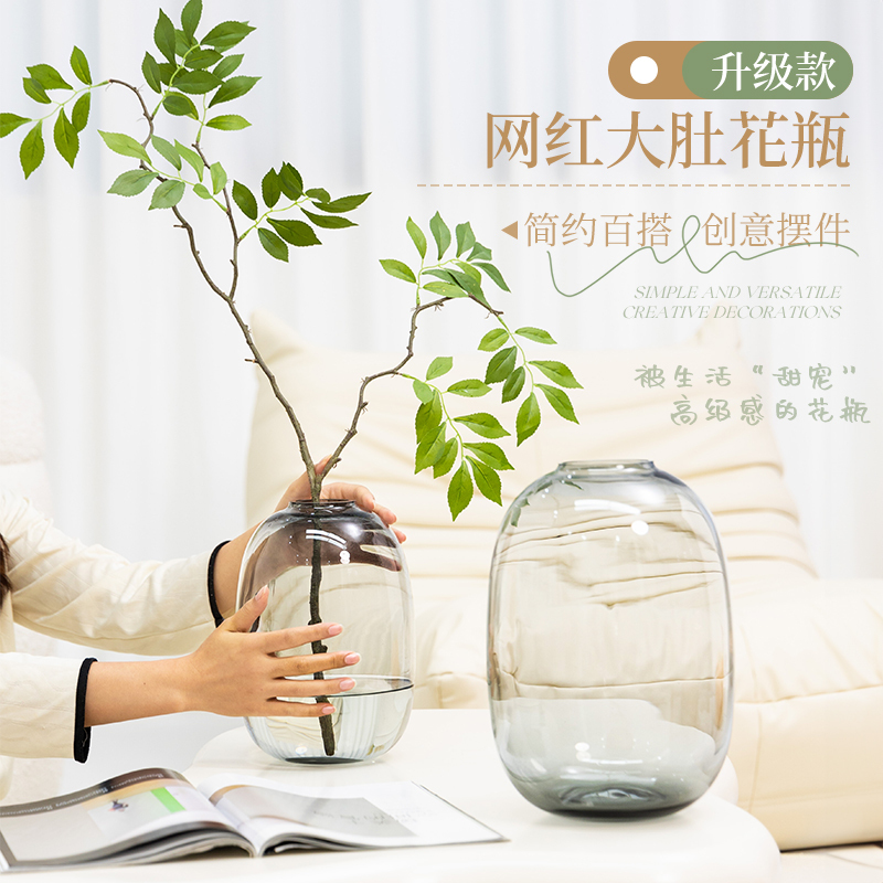 Large Belly-Shaped Glass Vase for Hydroponics, Decorative Piece for Arranging Dried Flowers, Transparent and Simple with a High-End Feel, Bell-Shaped, New Chinese Style for the Living Room