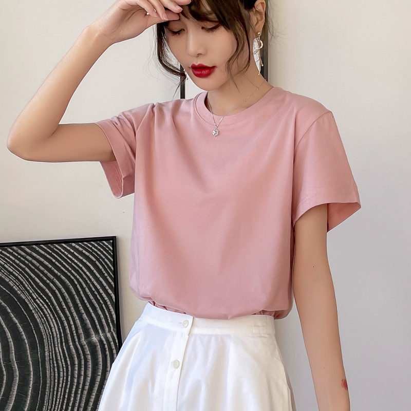 Skin Powderpure cotton white Short sleeve T-shirt female have cash less than that is registered in the accounts Solid color Half sleeve Undershirt 2021 summer new pattern easy Korean version ins tide