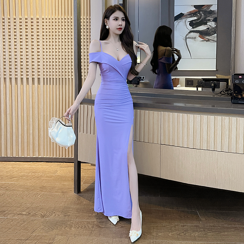 Summer New Style Ice Silk Sexy Off-Shoulder Dress, Elegant Banquet Evening Dress, Host Karaoke Foot Massage Workwear