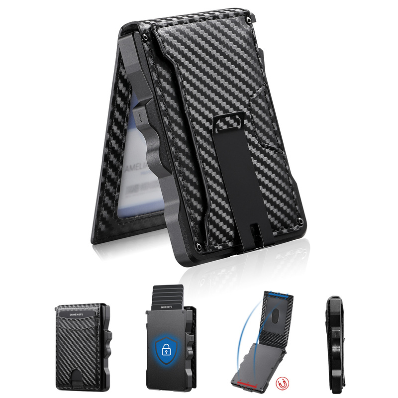 Cross-Border Hot-Selling Automatic Rfid Card Holder Metal Wallet for Men, High-End Folding Leather Carbon Fiber Card Holder Cross-Border Hot-Selling Automatic Rfid Card Holder Metal Wallet for Men, High-End Folding Leather Carbon Fiber Card Holder