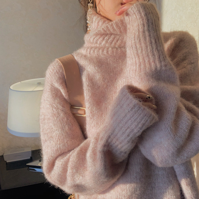 Lazy Breeze Pink high collar Fairy coat woman autumn winter 2020 new loose outside wearing knitted jacket head blouses-Taobao