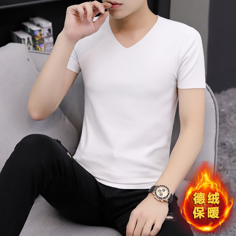 Short-sleeved velvet heating shirt men's V-neck seamless heating winter bottoming shirt men's soil plus velvet half-sleeve one-piece top