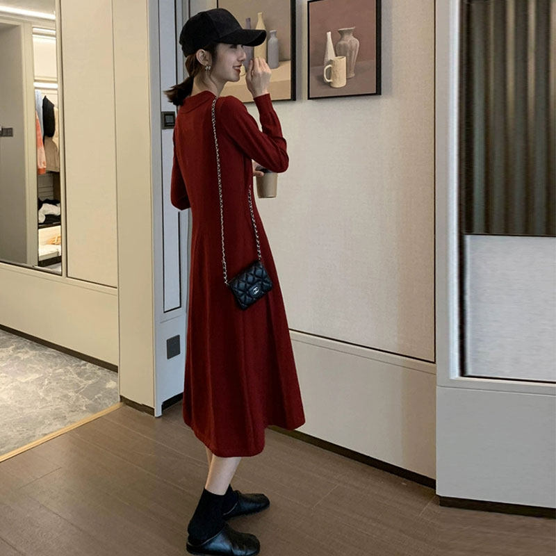 New Year dress with coat take long sweater dress knee backing vintage chao xian knitted dress sub-autumn and winter