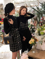 Xiaoxiang style goddess Fan clothes strap small black skirt Autumn and winter bottoming inner tie skirt two-piece suit