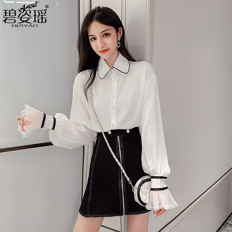 2022 Spring and Autumn New White Shirt Women's Long-sleeved Korean Style Loose Versatile Trumpet Sleeve Shirt French Chic Top - Taobao