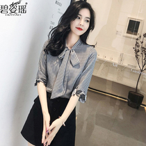 Three-point sleeve plaid chiffon shirt womens summer very fairy top womens 2021 new trend fashion temperament