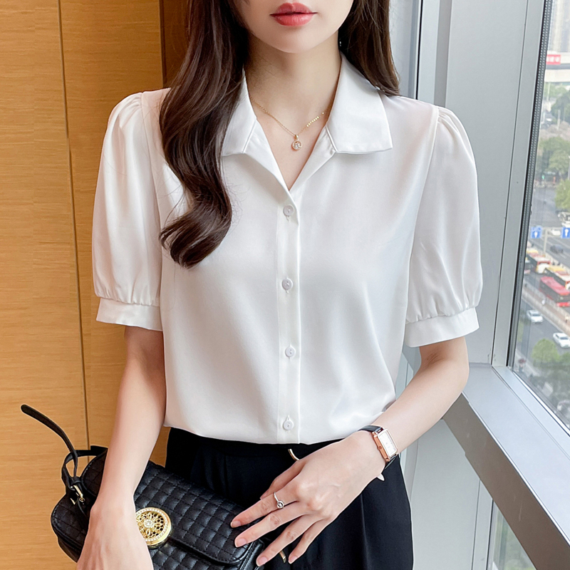 French Polo Collar White Shirt for Women 2026 Summer New Style Professional Formal Interview Shirt Puff Sleeve Chiffon Top French Polo Collar White Shirt for Women 2026 Summer New Style Professional Formal Interview Shirt Puff Sleeve Chiffon Top