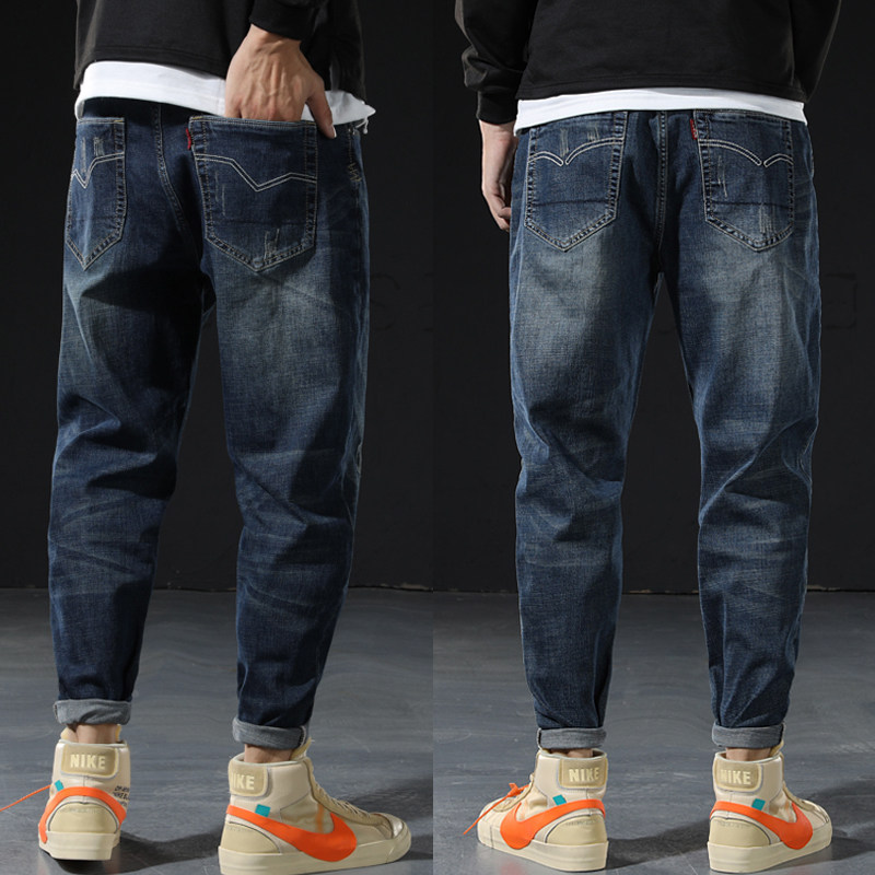 Tide brand autumn and winter plus velvet thick jeans men loose size trend small feet sports casual pants loose tie pants