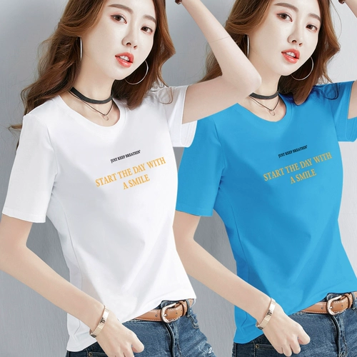 Белая летняя хлопковая синяя дизайнерская тонкая футболка, тренд сезона