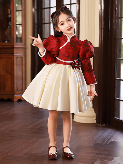 Chinese Style Girls' Evening Dress Hostess Little Girl Piano Performance Dress Red Birthday Children's Princess Dress Autumn and Winter