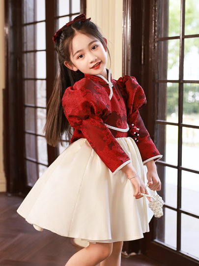 Chinese Style Girls' Evening Dress Hostess Little Girl Piano Performance Dress Red Birthday Children's Princess Dress Autumn and Winter