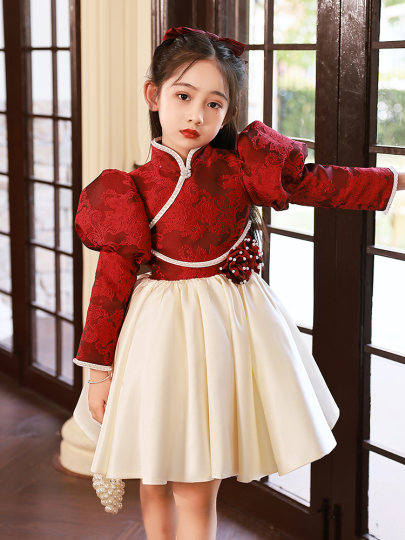 Chinese Style Girls' Evening Dress Hostess Little Girl Piano Performance Dress Red Birthday Children's Princess Dress Autumn and Winter