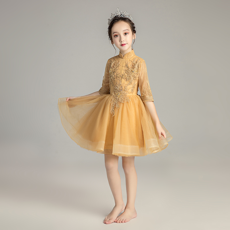 Girldress công chúa váy poncho chủ nhỏ dài tay áo buổi tối sinh nhật váy biểu diễn đàn piano váy trẻ em xốp của.