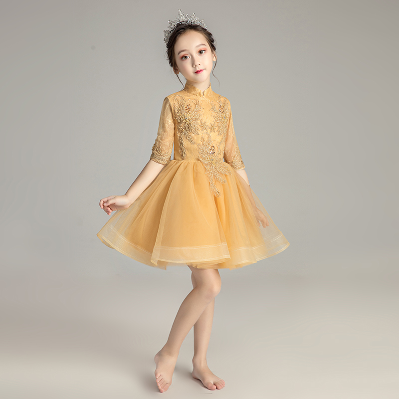 Girldress công chúa váy poncho chủ nhỏ dài tay áo buổi tối sinh nhật váy biểu diễn đàn piano váy trẻ em xốp của.