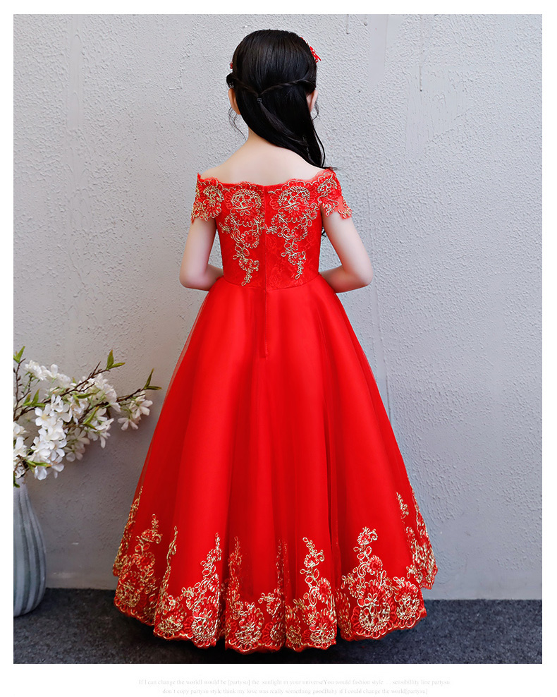 Váy công chúa một vai cô gái váy cưới trẻ em màu đỏ chủ nhỏ trang phục piano mùa hè - Váy trẻ em thời trang trẻ em