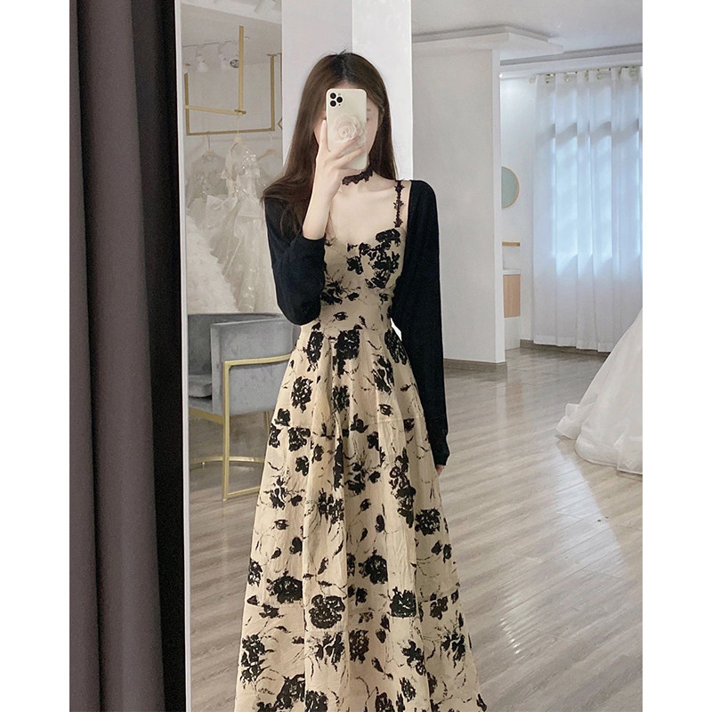Early fall 2023 new sunscreen cardio-hoodie two suit skirts Heben windy with slim long skirt Broken Flower Harnesses one-piece dress-Taobao