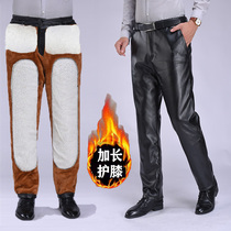 Autumn and winter middle aged men plus suede thickened waterproof and warm motorcycle locomotive high waist loose pu leather pants man