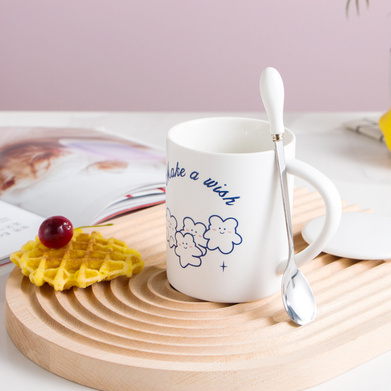 Mug girl with lid spoon Office cup Female cute summer ceramic large capacity drinking cup Household coffee cup