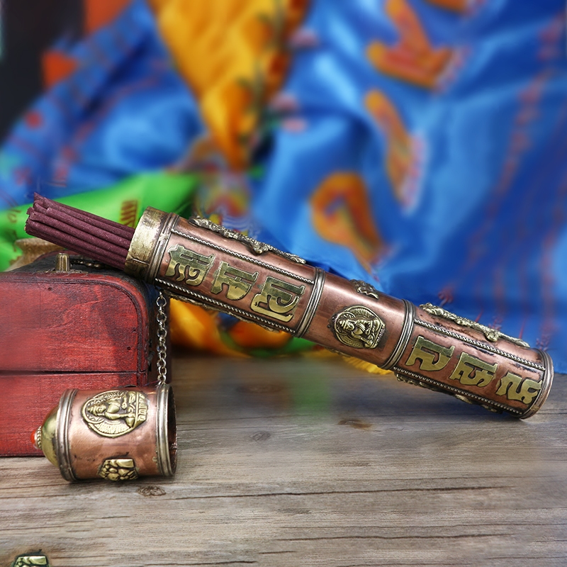 Nepalese handmade line fragrant barrel pure copper deposit fragrant cylinder for home worshipping container with long version of incense storage box