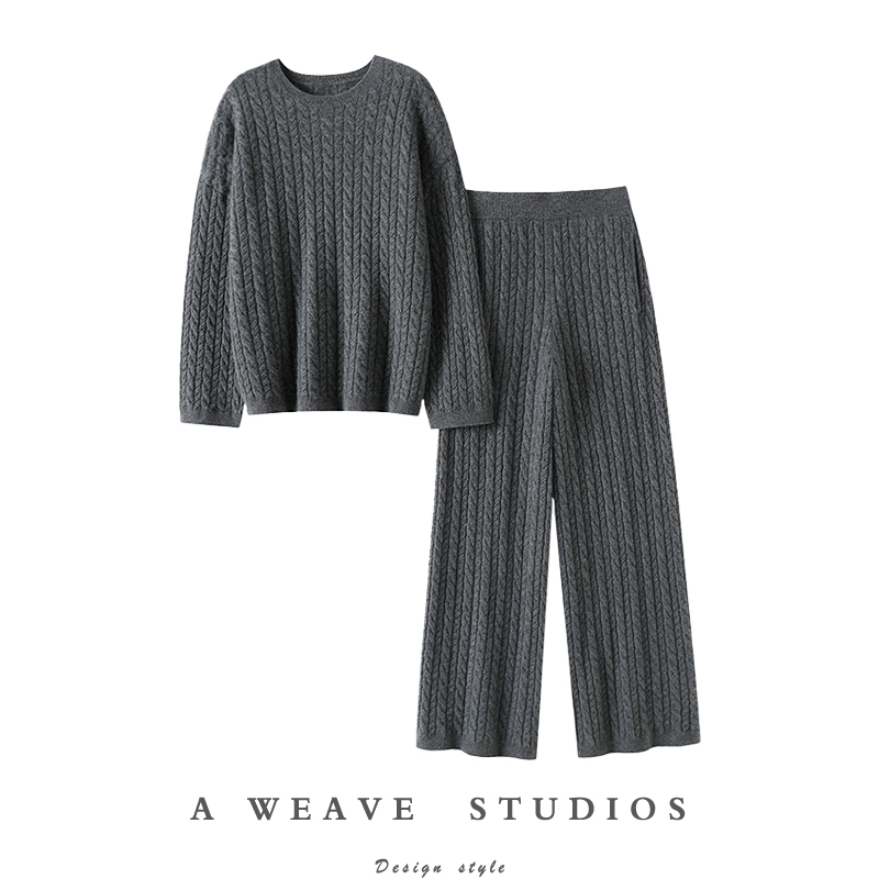 Oh My Gosh, Sisters! Thickened 100% Pure Cashmere Sweater for Women, Round Neck Knit Casual Straight-Leg Pants Women's Set