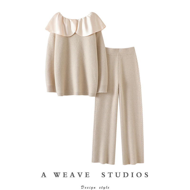 Love to the Core! Thickened Satin Collar Cashmere Sweater for Women, Off-Shoulder Pure Cashmere Sweater, Straight-Leg Wide-Leg Pants Set
