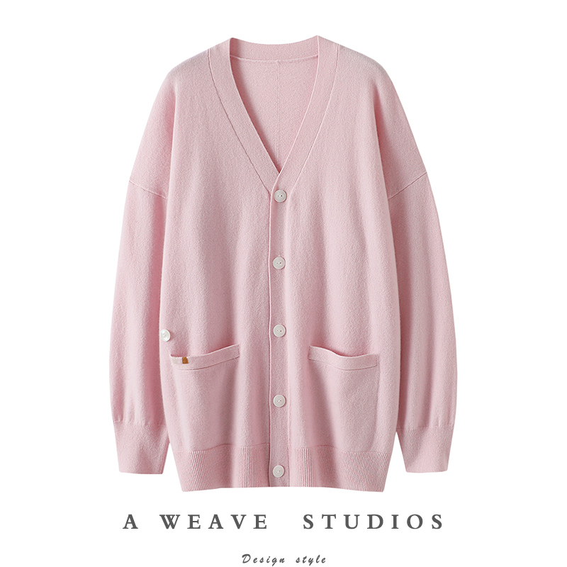 Maillard Color ~ V-Neck Cashmere Sweater for Women, Mid-Length Pure Cashmere Knit Cardigan, Loose Fit for Autumn and Winter