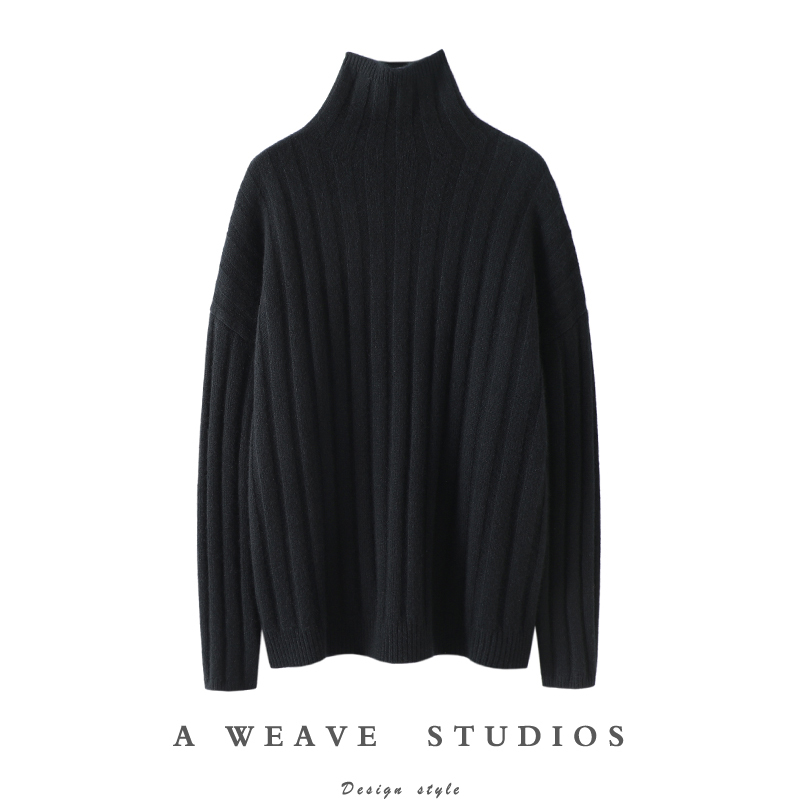 Qichao Unisex Black Heavy Ribbed Cashmere Sweater for Women, Thick Knit Turtleneck Pullover