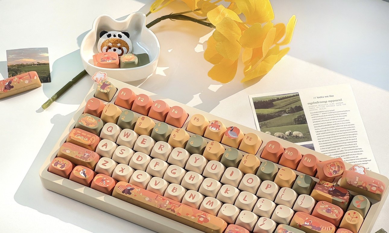 Red Fox and Forest Friends keycap set mounted on a mechanical keyboard, full landscape view